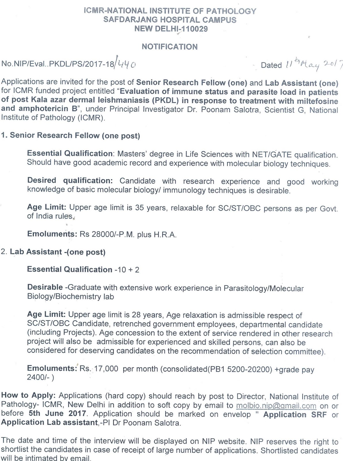 NIOP Immunology/Molecular Biology SRF/Lab Assistant Openings