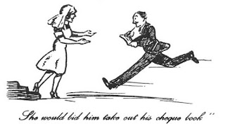 Cartoon titled: 'She would bid him take out his chequebook'. Shows an Adelaide Hospital nurse in profile descending a stairs with her arms  open in front of her. A well dressed man in a suit sprints towards apparently in the act of signing a cheque. This cartoon was made by an Adelaide Hospital doctor during the 1950s.