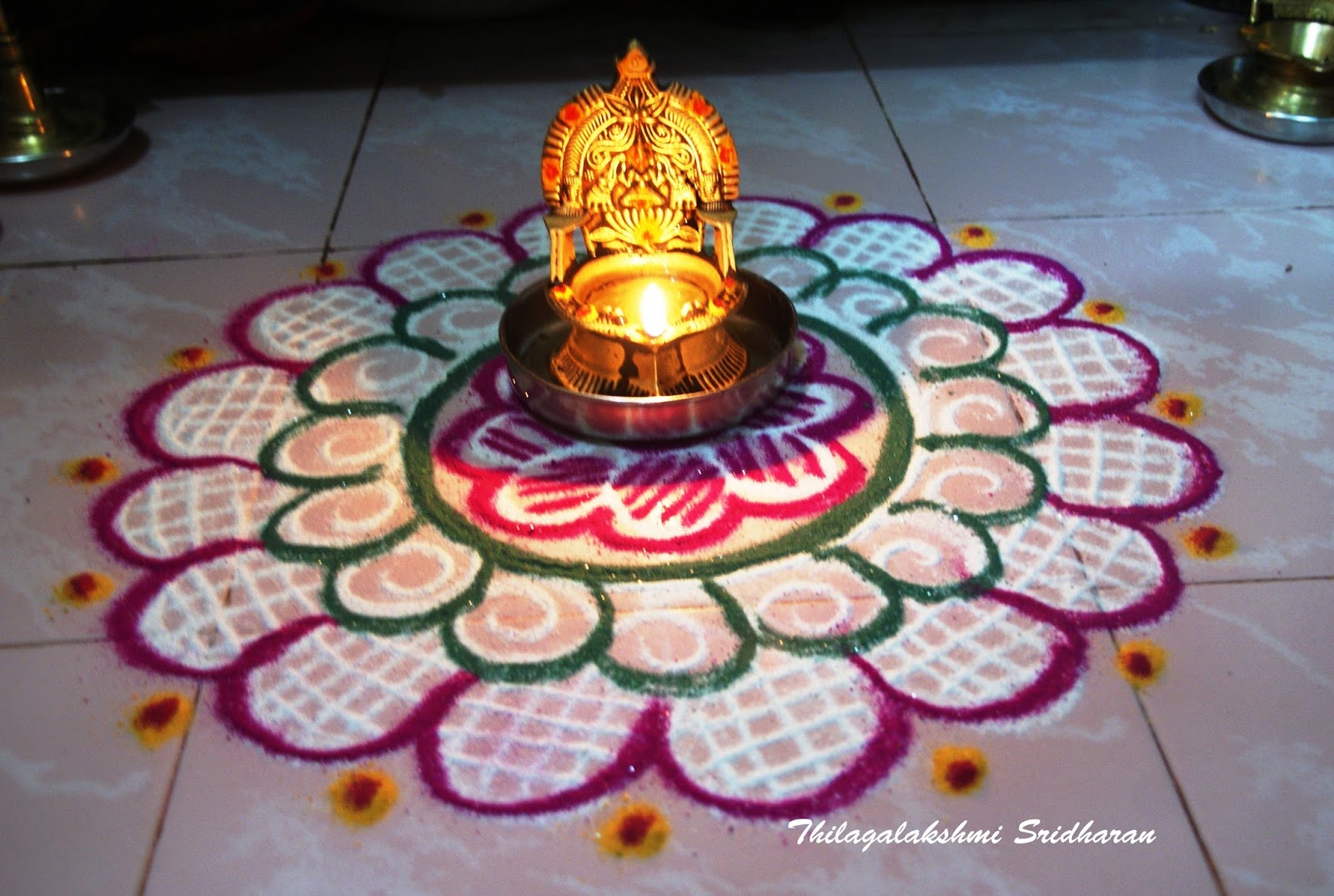 Rangoli and Art Works Pink n Green kolam with lamp