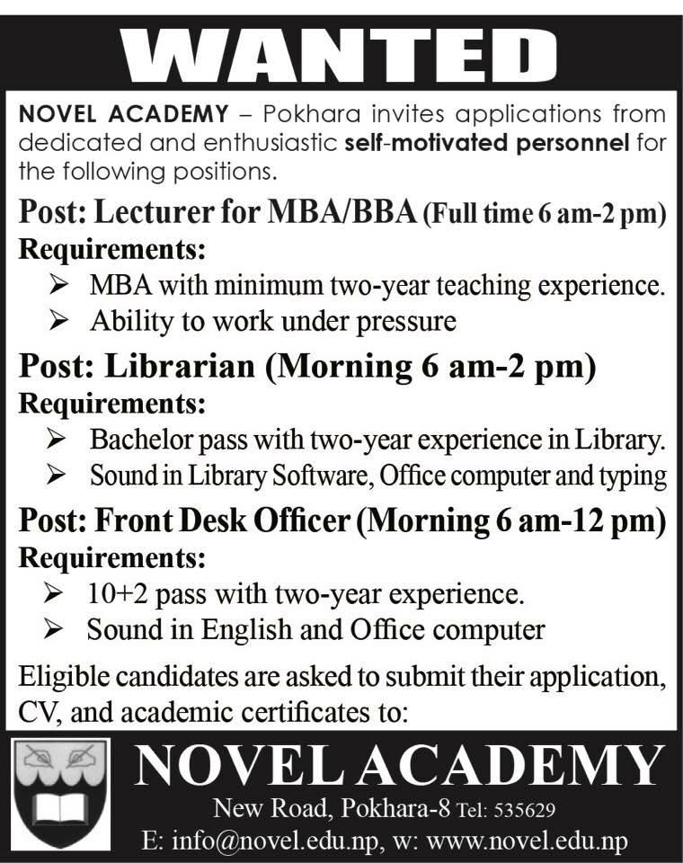 Jobs In Nepal Vacancy For Lecturer Librarian And Front Desk