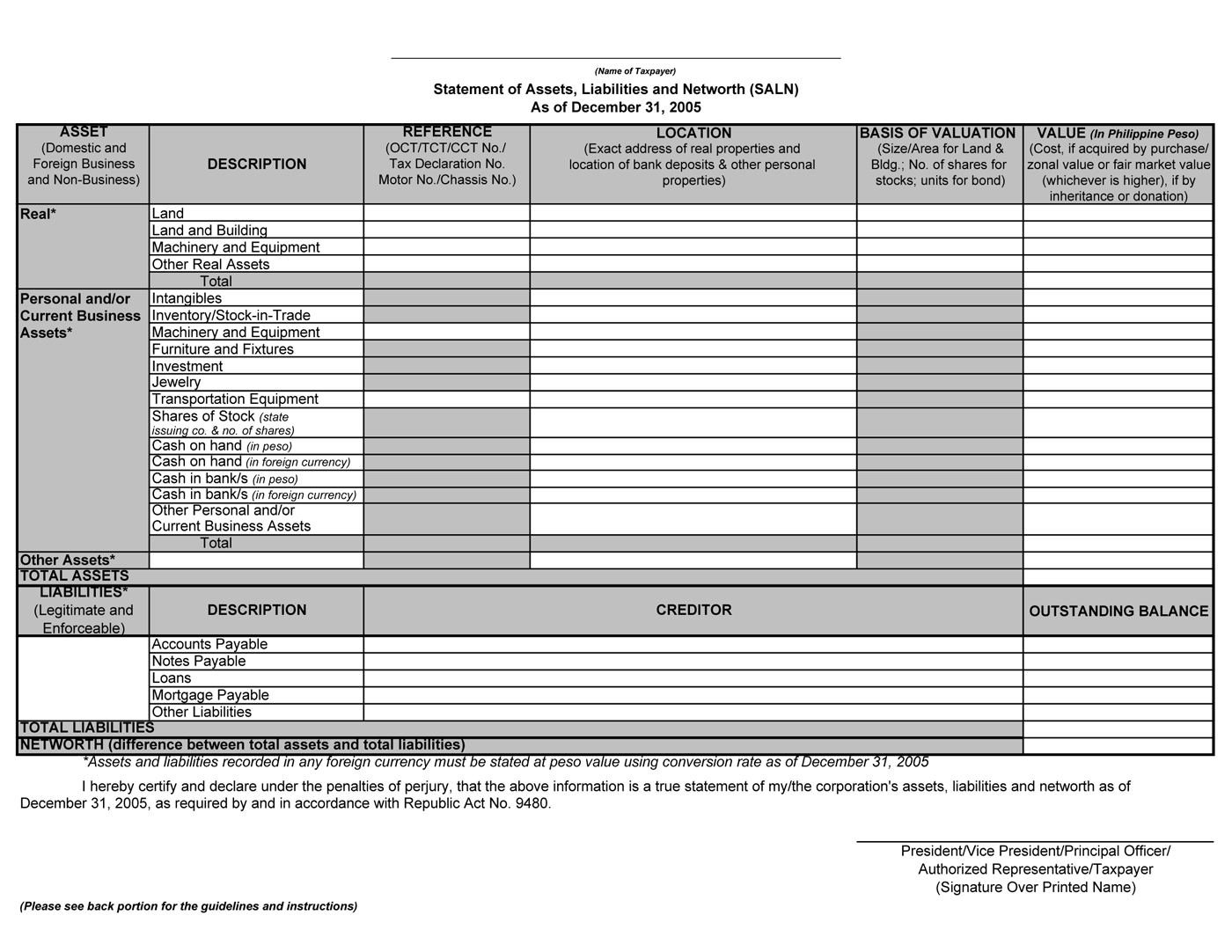 networth form