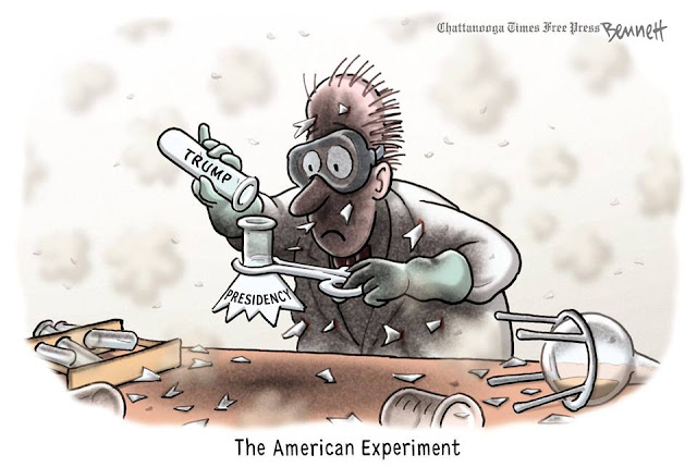 Title:  The American Experiment.  Image, Scientist pours substance from a test tube labeled 