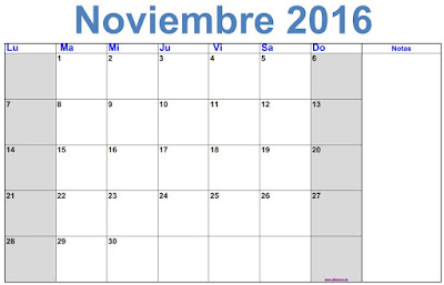 Calendário Mes de noviembre 2016 para imprimir. Calendário planificador mensual de noviembre 2016 en blanco y negro.