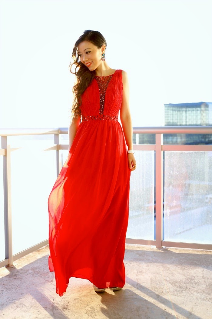 Chi chi london lace maxi dress, embellished plunging neckline, red maxi, birthday dress, on sale, deal, fashion blog, hermes bracelet, monica vinader baja chain bracelet, marc by marc jacobs ring, swarovski honestly ring, Baublebar crystal ring, Baublebar cha cha drops earring, Chanel classic flap bag, New York City