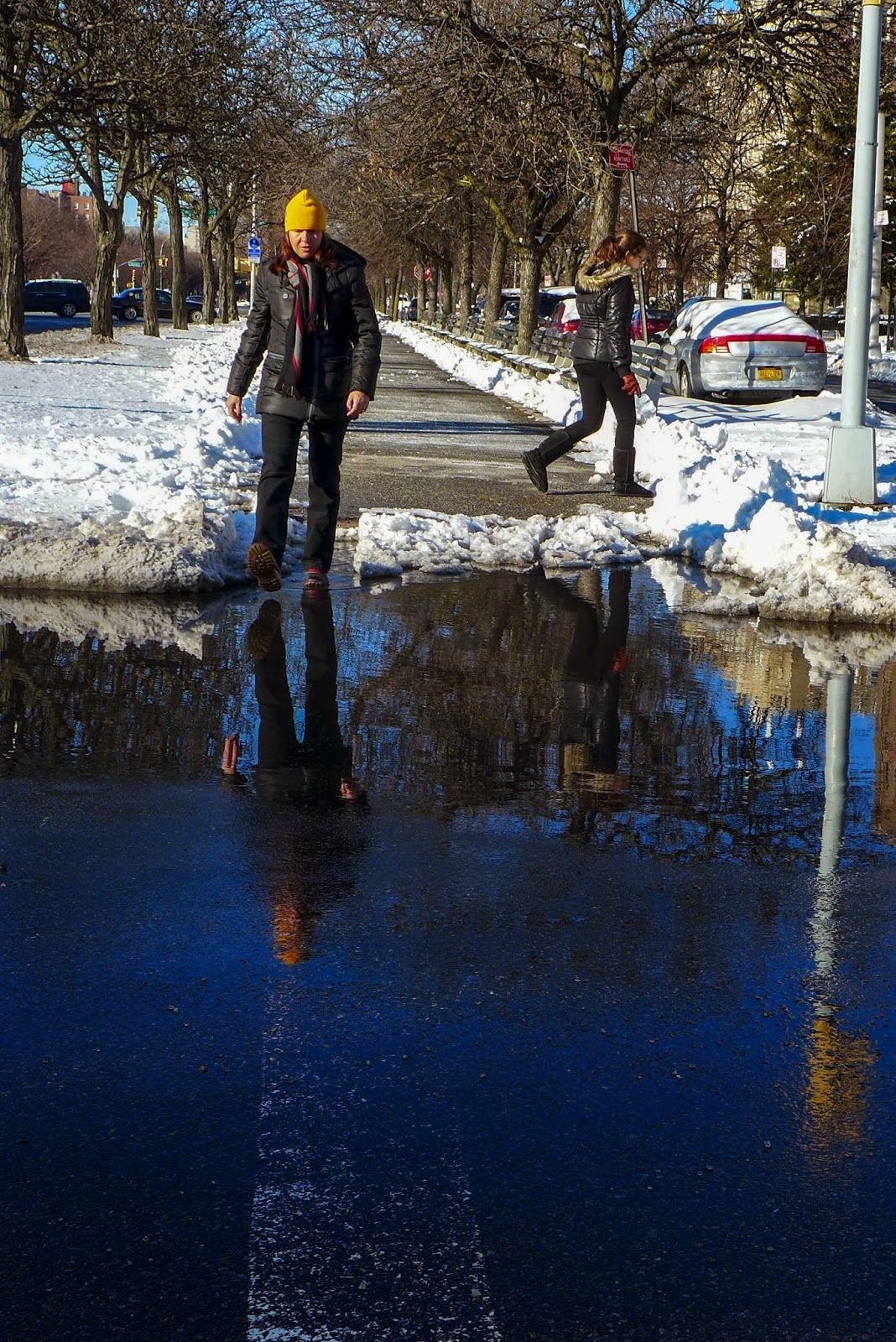 Brooklyn, snow, reflection