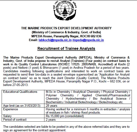 THE MARINE PRODUCTS EXPORT DEVELOPMENT AUTHORITY (KOCHI) REQUIRES