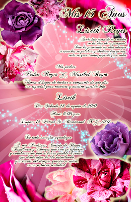 Tarjeta de Invitación elegante y novedosa para 15 años con rosas moradas y rosadas