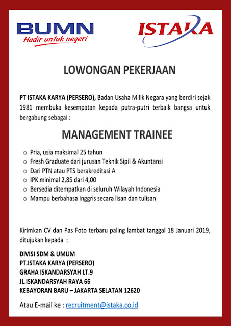 Lowongan Kerja PT Istaka Karya (Persero) Posisi Management Trainee