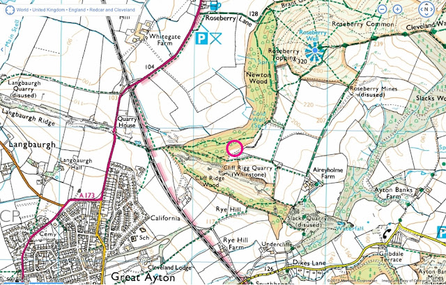 Map showing my location to take the best picture of roseberry topping bluebells