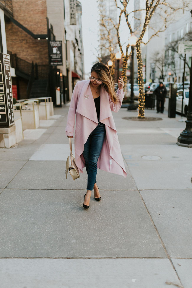 Chicago Fashion blogger, Jennifer Worman, Pink Duster Coat, Pink Duster Jacket, Chicago Style Blogger, Misguided Duster Jacket