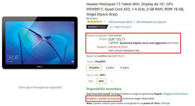 Offerta Amazon: Huawei Mediapad T3 10 WiFi a 133 euro venduto e spedito da Amazon
