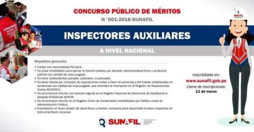 SUNAFIL: Hasta mañana inscripción a concurso público de inspectores auxiliares a la Superintendencia Nacional de Fiscalización Laboral - www.sunafil.gob.pe SUNAFIL: Hasta mañana inscripción a concurso público de inspectores auxiliares a la Superintendencia Nacional de Fiscalización Laboral - www.sunafil.gob.pe