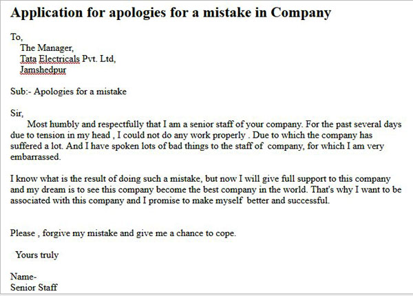 application for apologies for a mistake in company office