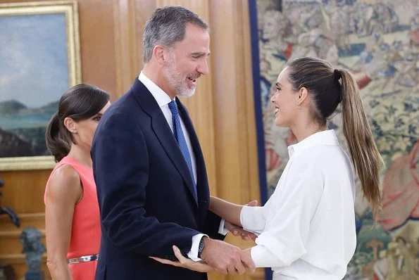 Queen Letizia wore a button detail stretch wool dress by Michael Kors. swimmer Ona Carbonell at Zarzuela Palace in Madrid