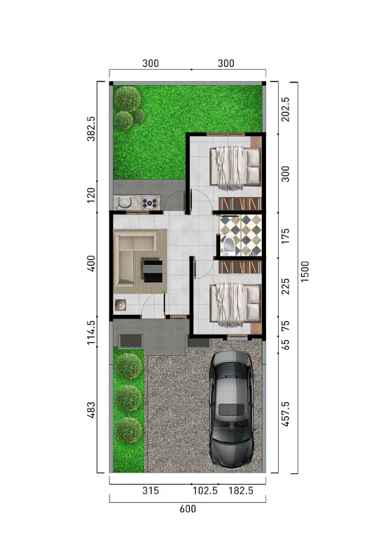 Denah rumah minimalis ukuran 6x15 meter 2 kamar tidur 1 lantai