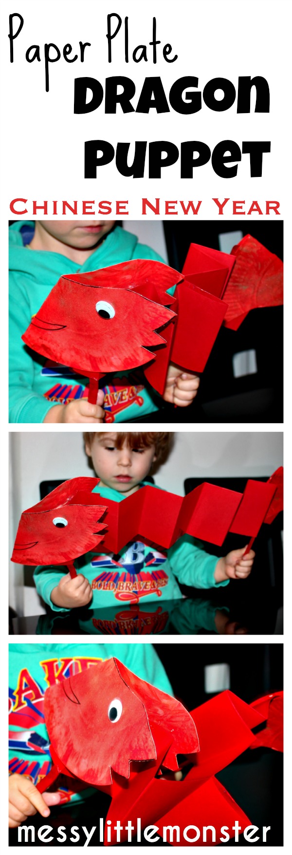Paper plate dragon puppet.  A simple Chinese new year craft for kids, toddlers, preschoolers, eyfs.