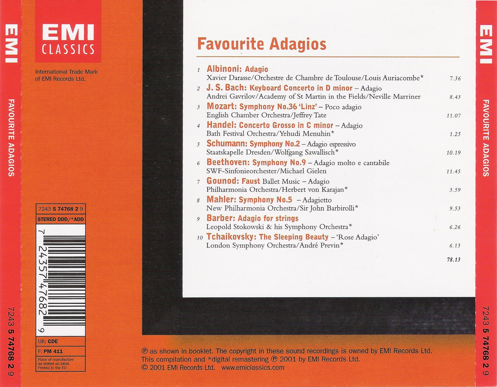 Baroque Music Albinoni Adagio Virtuoso 2011 CD. Violin Adagios 2cd. Favourite cd