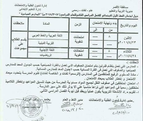 جدول مواعيد امتحانات اخر العام 2018 محافظة الاقصر