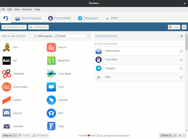 Jendela utama Rambox Jendela utama Rambox ketika digunakan untuk menjalankan banyak aplikasi messenger