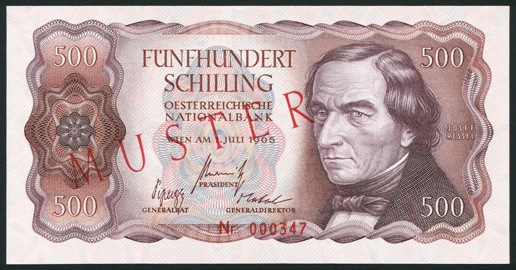 Austria banknotes 500 Austrian Schilling banknote of 1965, Joseph Ressel.