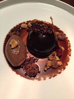 Chocolate "Bomb", salted caramel, hazelnut sorbet