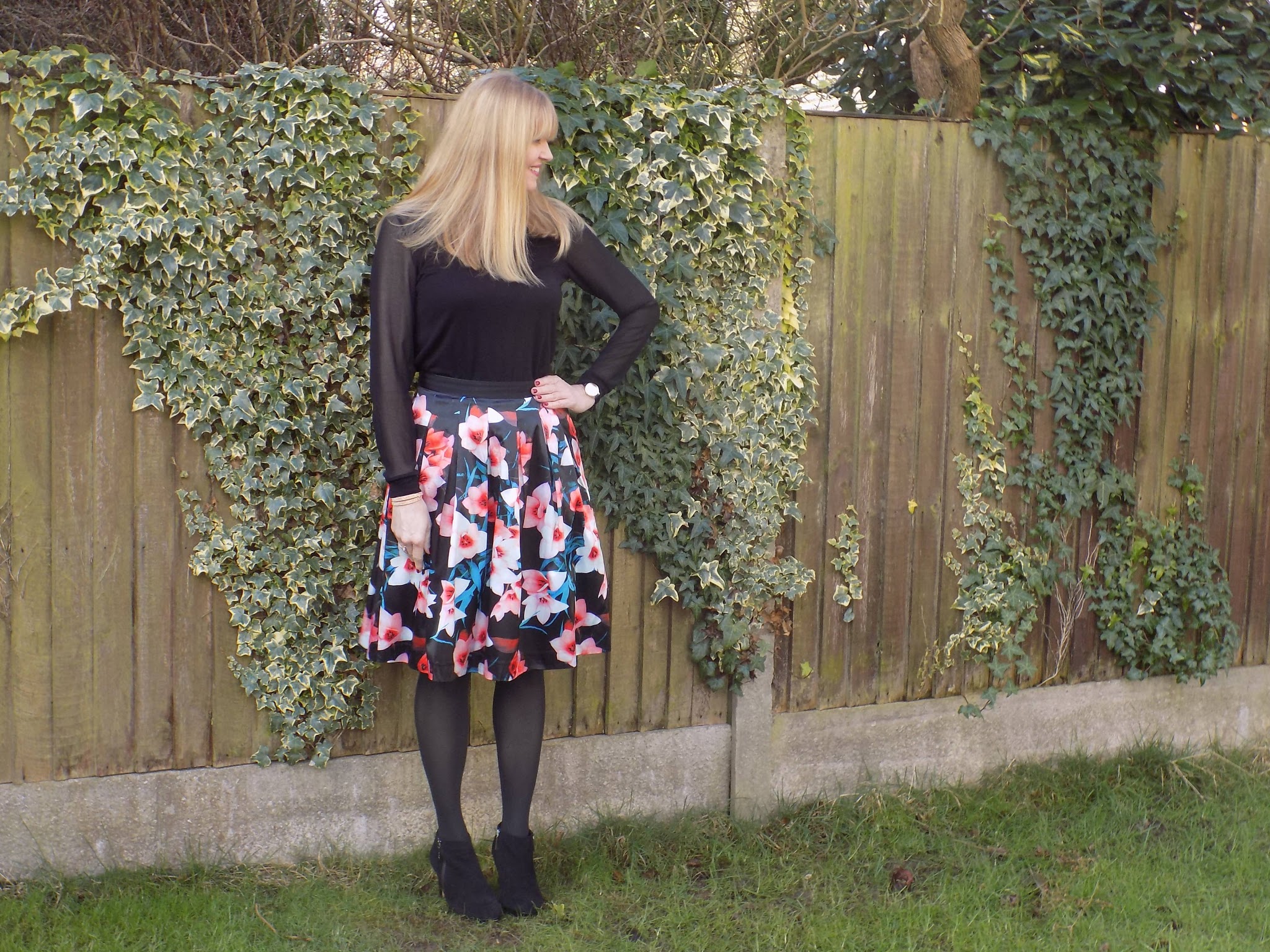 Outfit: Floral Skirt with High Heeled Ankle Boots - What Lizzy Loves