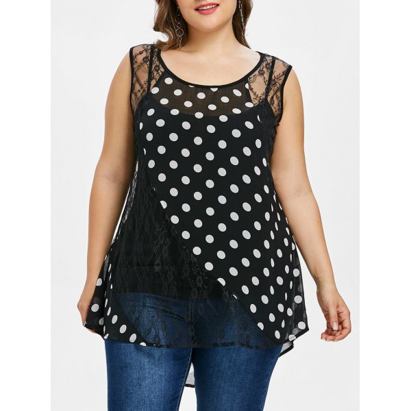 Plus Size Polka Dot Sheer Tank Top - Black L