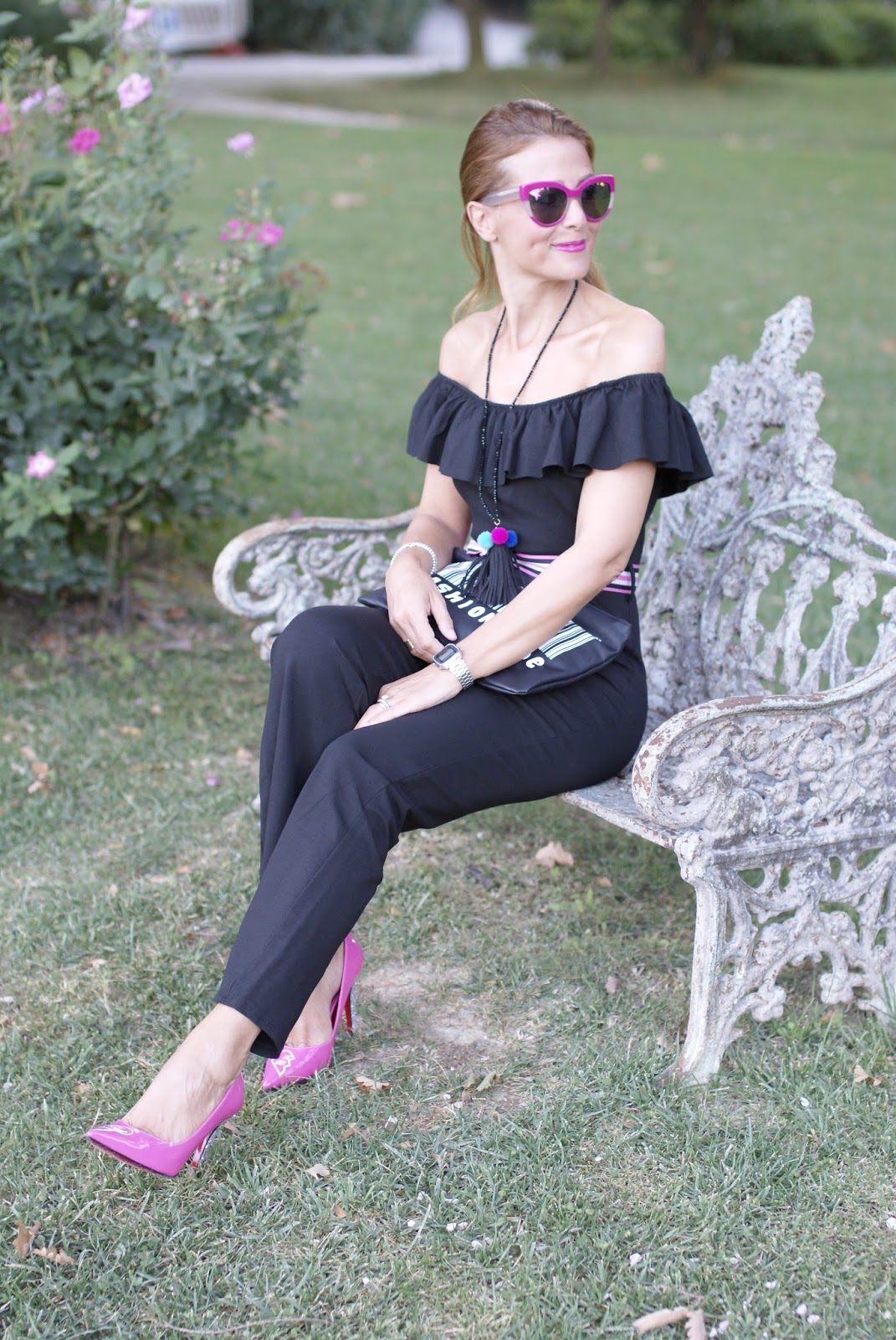 Black off the shoulder jumpsuit and Pink Sister Pumps by Angela Pavese on Fashion and Cookies fashion blog, fashion blogger style