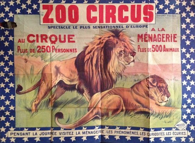 Affiche du Zoo circus avec un couple de lion , Au cirque plus de 250 personnes, à la ménagerie plus de 500 animaux
