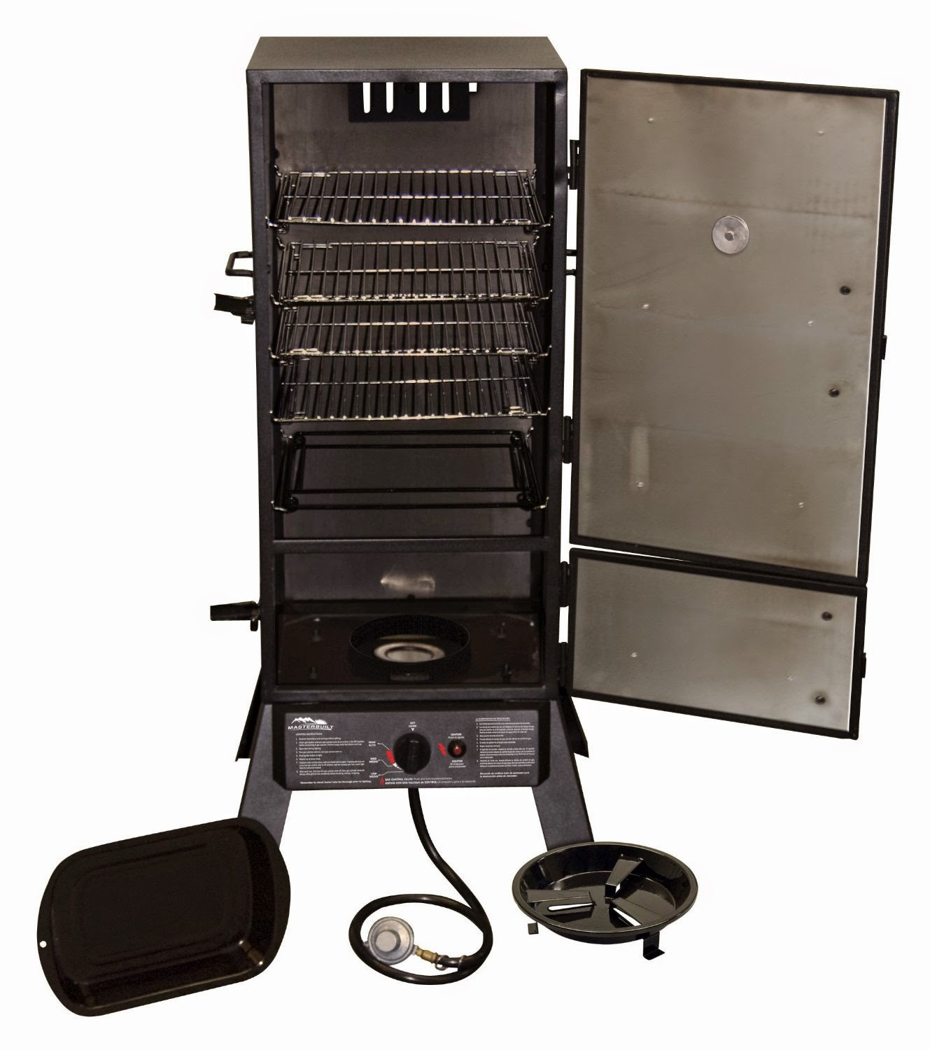 Masterbuilt gas smoker, inside view, 2 doors, adjustable shelves, 717 square inch cooking space