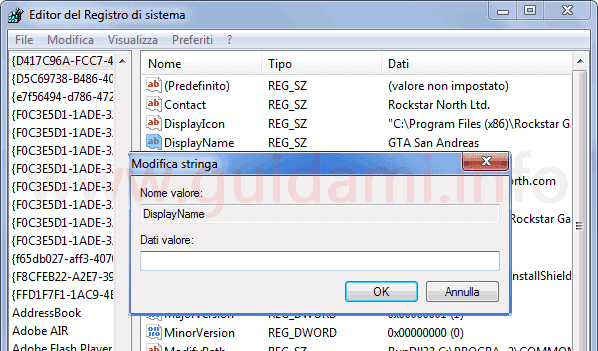 Windows Registro sistema cancellare nome programma da nascondere