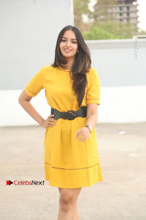 Actress Poojitha Stills in Yellow Short Dress at Darshakudu Movie Teaser Launch  0025