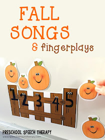 A round-up of fabulous fall songs and fingerplays for preschool speech therapy plus where to find the best youtube videos to teach them. Speech and language targets and more autumn speech and language activities are listed for your fall themes. #speechsprouts #speechandlanguage #preschool #fallpreschoolactivities #fingerplays