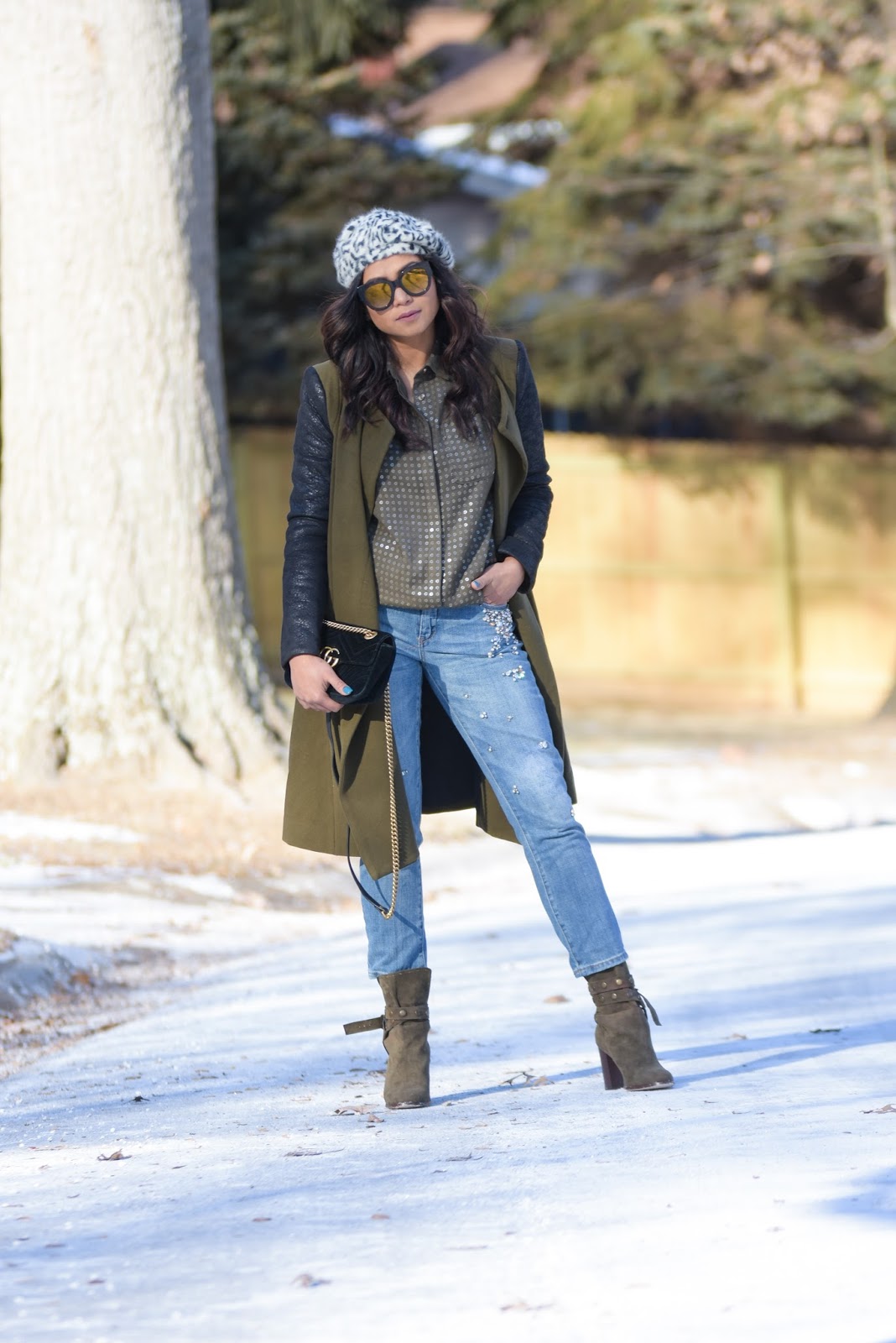 things bloggers hear all the time, addressing sponsored issues, money making tips from the blog, fashion, sparkly shirt, embellished denim, green booties, street style, winter fashion, myriad musings things bloggers hear all the time, addressing sponsored issues, money making tips from the blog, fashion, sparkly shirt, embellished denim, green booties, street style, winter fashion, myriad musings