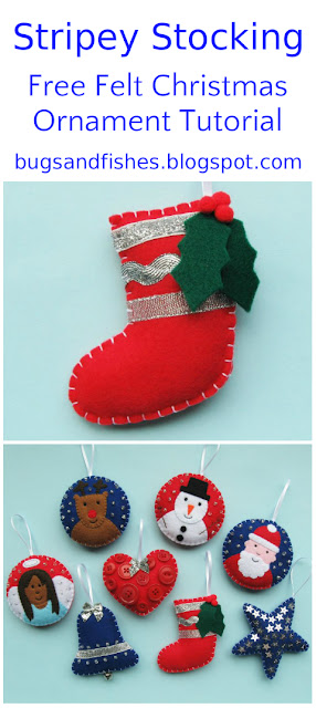 Use felt and ribbon to make this cute stripey stocking ornament for your Christmas tree felt stocking ornament tutorial