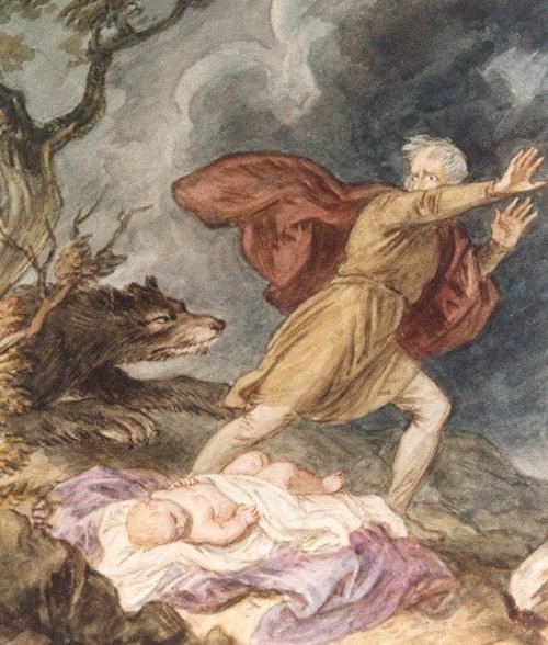 Illustration by John Massey Wright of Antigonus fleeing the bear, from The Winter's Tale, Act III, Scene iii