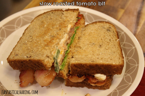 Slow Roasted Tomato BLT with Basil Mayo #sandwich #maindish #bacon #BLT #tomato #recipe