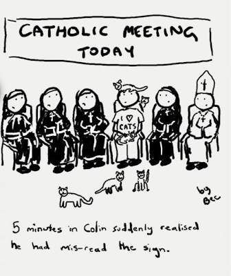 Funny catholic joke cartoon - 5 minutes in Colin suddenly realised he had misread the sign