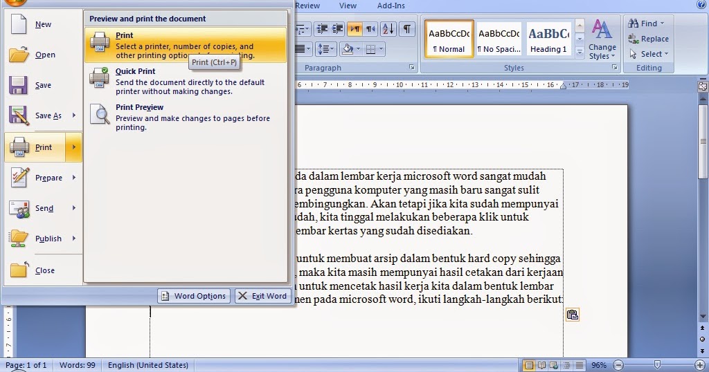 cara mencetak dokumen di Microsoft Word