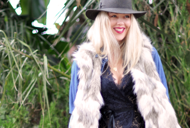 denim on denim, fur vest, wellie rain boots