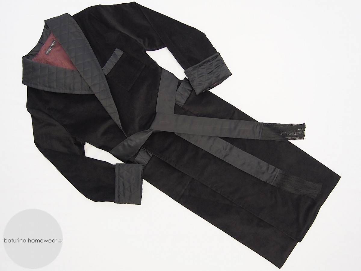 Black Cotton Velvet Men's Luxury Dressing Gown, Long and Warm