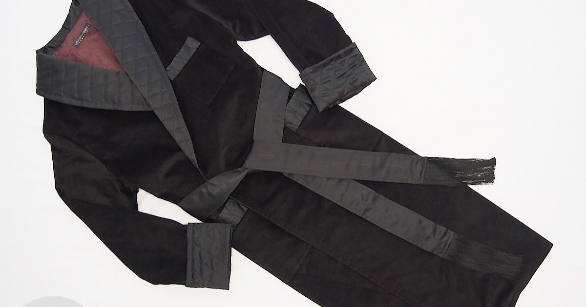 Black Cotton Velvet Men's Luxury Dressing Gown, Long and Warm