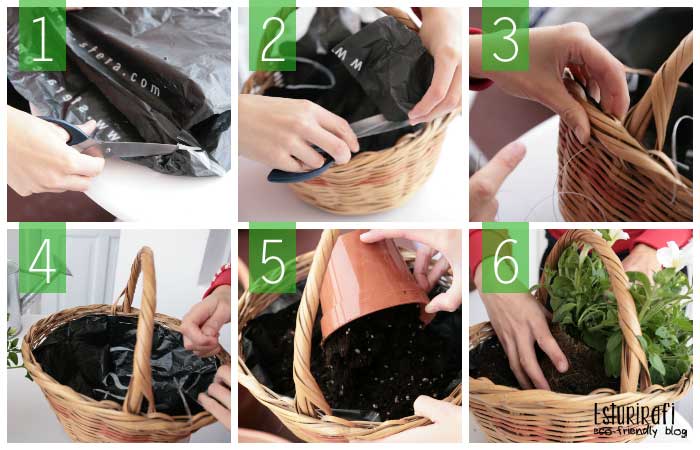 Corta la bolsa, ajusta la bolsa a la cesta, corta el sobrante. Cose la bolsa a la cesta por la parte superior. Echa la tierra en la cesta y planta la planta.
