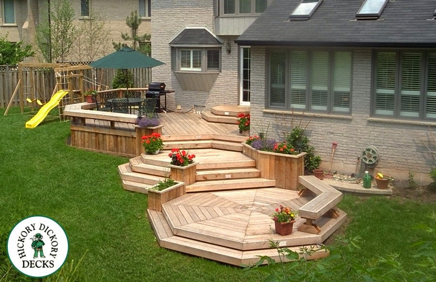 Backyard Landscaping Multi Level Backyard Deck Planters And Benches Boxboro