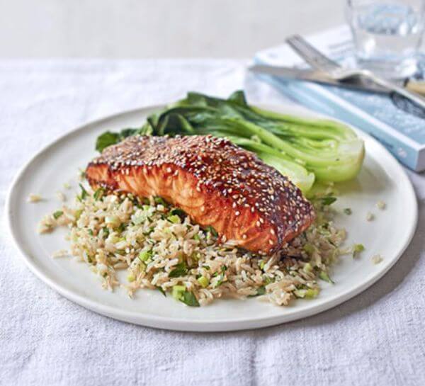 Grilled Teriyaki Salmon with Ginger Rice and Bok Choy 