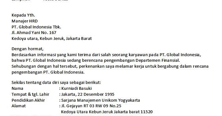 Contoh Surat Lamaran Kerja Bentuk Resmi Indonesia Baru