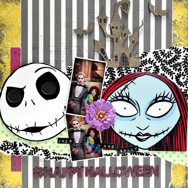 The Nightmare Before Christmas Jack and Sally Halloween Scrapbook Layout with Chipboard Embellishments