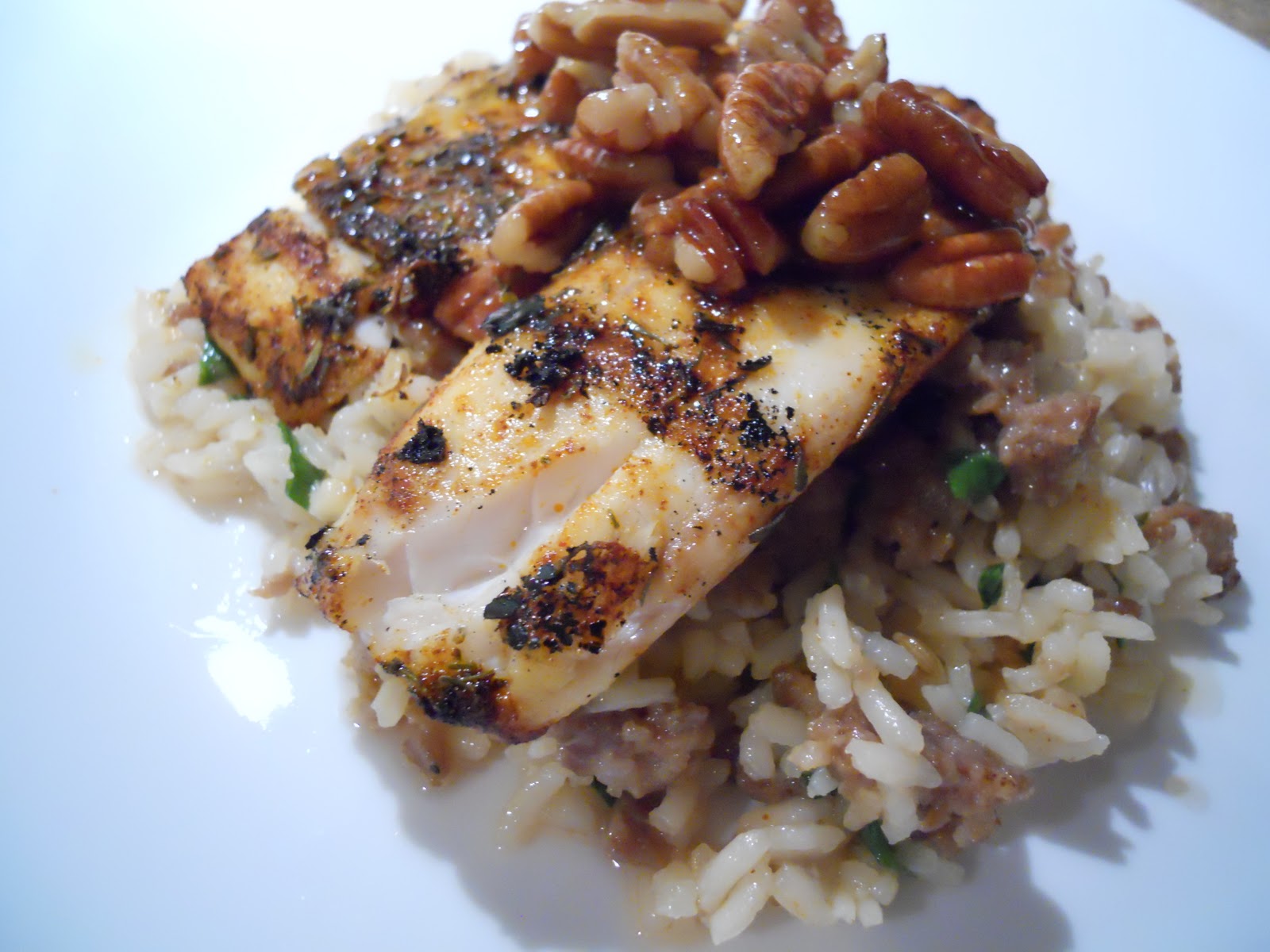 See Aimee Cook Cajun Tilapia with Praline Sauce Over Dirty Rice