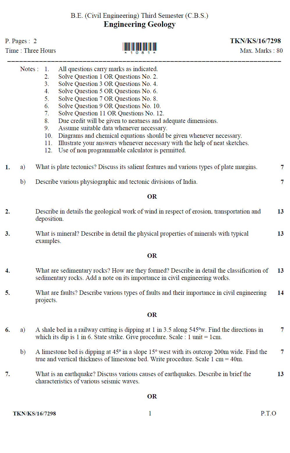 RTMNU 3rd Semester B.E Civil Engineering Geology 2016 Question Paper