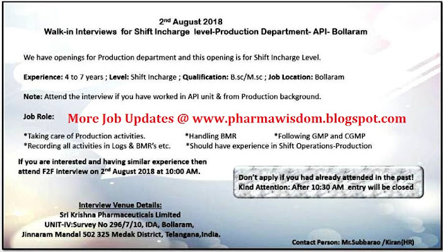 Sri Krishna Pharmaceuticals - Walk-In for Shift Incharge Level ...